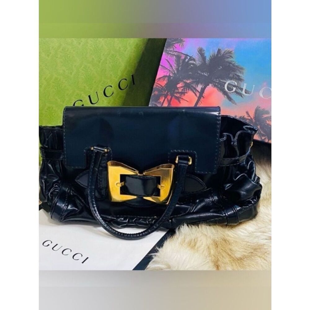 Gucci Black Patent Leather Bag with Gold Bow Buckle w Cert of Authenticity